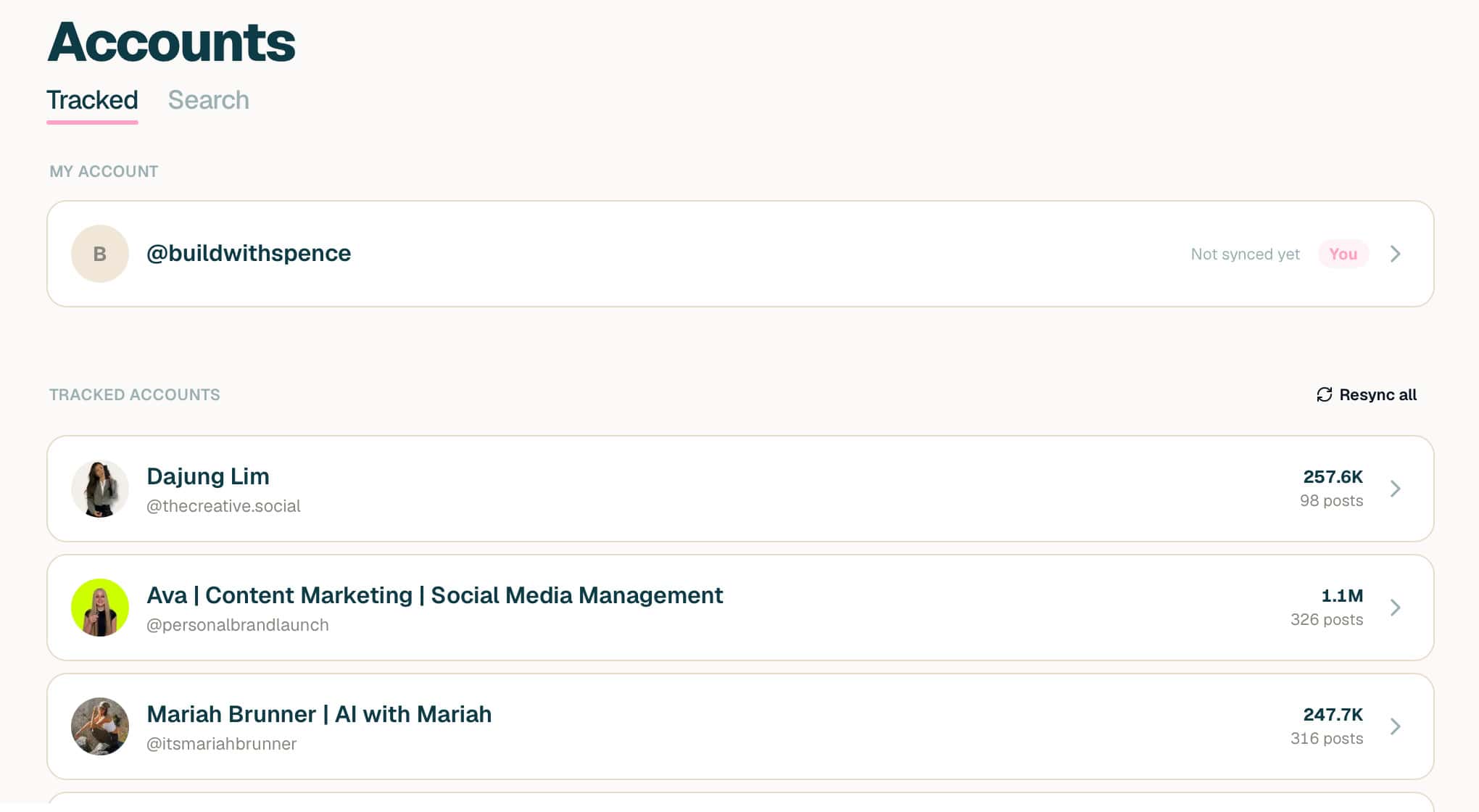 Marshmallow creator profile showing a tracked account and its top posts